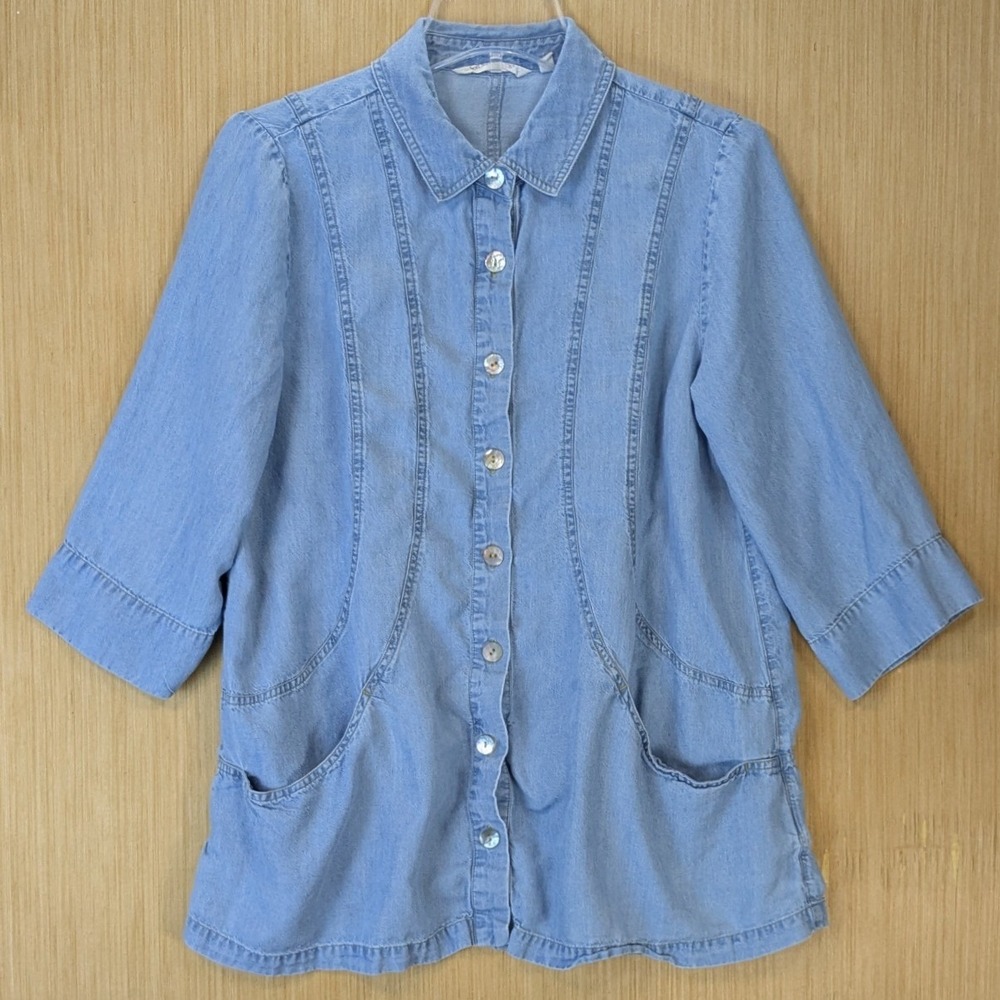 Soft Surroundings Boho Denim Shirt Jacket Size PM Blue Linen Lyocell 3/4 Sleeve